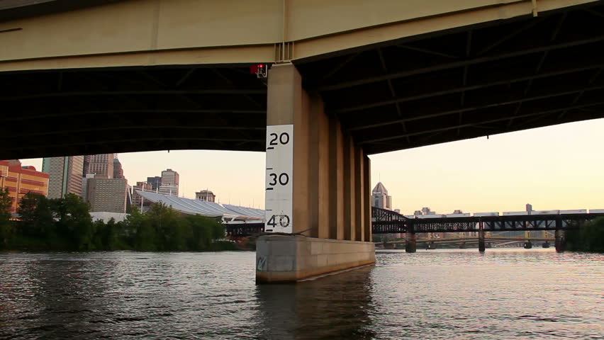 The skyline of Pittsburgh, Pennsylvania as seen from the river at dusk.