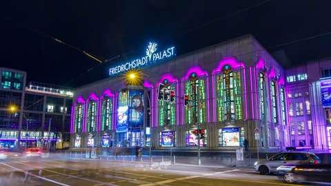BERLIN, GERMANY - JAN 9, 2014: Friedrichstadt-Palast in the evening on January 9, 2014 in Berlin, Germany. Timelapse view.