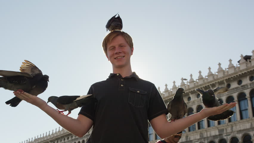 Low angle slow motion shot of teenage boy holding pigeons / Venice, Italy