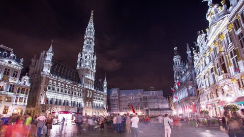 4K  Busy night in the city, main square of Brussels, Belgium. Wide angle scene