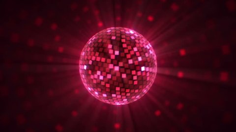 Fly around red disco ball. Glittering mirror ball rotates, emits rays and cast spots of light. Perfect for your event, party, music video, concert, video art, video projection mapping.