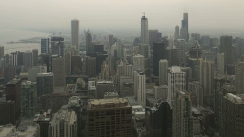 4K Time lapse Chicago aerial downtown skyline sunset from day to twilight to night from high above