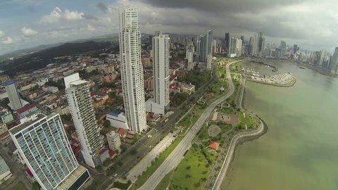 Aerial footage of the tip of Panama City