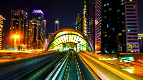 4K TimeLapse - Best view from windshield window of the first wagon of night Dubai metro, November 2012