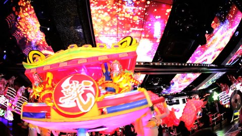 Tokyo - June 2014: Robot Restaurant illuminated floats dragon dance Japanese futuristic entertainment Kabukicho District females performing laser light Technology Shinjuku Japan Asia