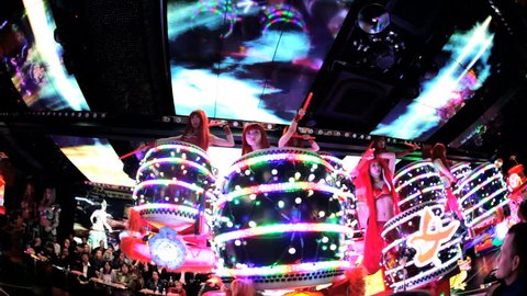 Tokyo - June 2014: illuminated neon Robot Restaurant nightlife Japanese futuristic entertainment Kabukicho District females performing cabaret dancing laser light Technology Shinjuku Japan Asia