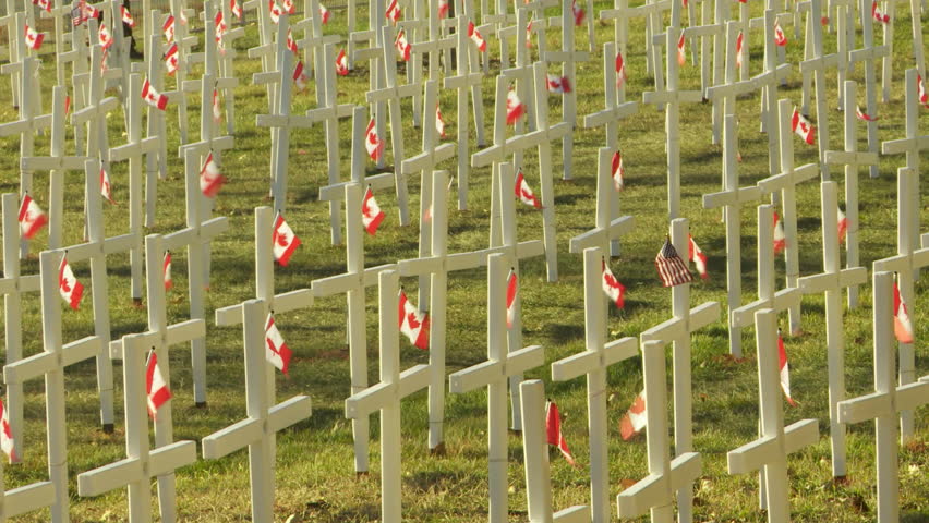 Memorial crosses with flags in remembrance of fallen Canadian soldiers