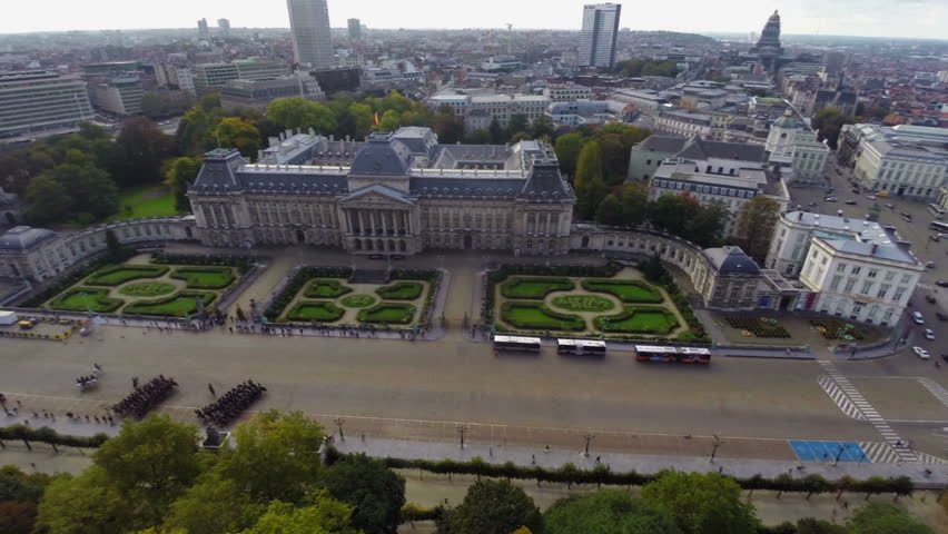 Brussels symbol Royal Palace marching cavalry city aerial view