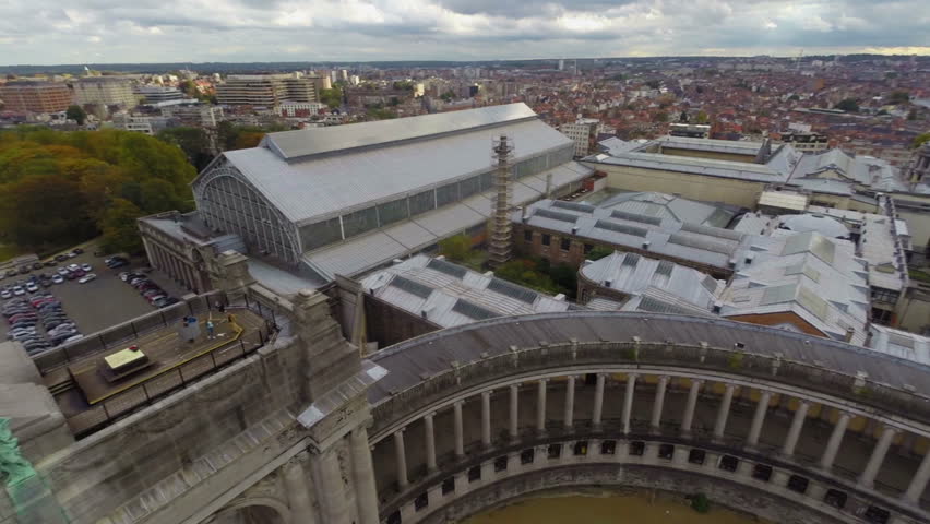 Beautiful Arc in Brussels park, monument city view aerial shot