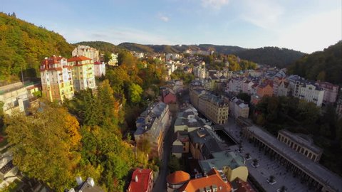 Karlovy Vary or Carlsbad spa city, Czech aerial shot beautiful