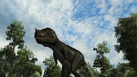 T-Rex Tyrannosaurus Dinosaur roars in a prehistoric szene