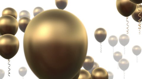 Gold balloons rising on white background. Seamless loop HD 1080