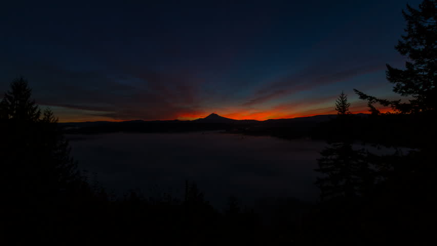 Time Lapse Movie of Colorful Sunrise with Snow Covered Mount Hood and Blanket of Low Lying Rolling Fog One Early Morning from Jonsrud Viewpoint 1920x1080