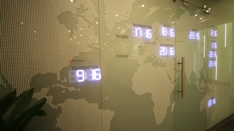 MOSCOW, RUSSIA - MAR 5, 2013: Map with time zones in office of RIA Novosti russian news agency. In December 9, 2013, Russian Information Agency Novosti became Russia today