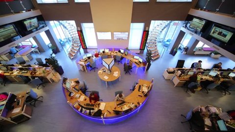 MOSCOW, RUSSIA - MAR 5, 2013: Top view of office of news agency RIA Novosti with many screens