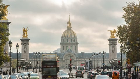 PARIS - NOVEMBER 13: Hotel des invalides and bridge Alexandre 3. Time-lapse in 4K UHD. November 14, 2014 in Paris, France