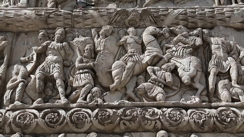 Bas-relief on the ancient Arch of Galerius in Thessaloniki, Greece. Galerius attacks the Persian Shah Narses