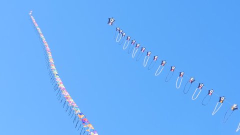 two rows of kites floating in the sky