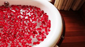 Pan shot of red rose petals in bathtub, Hotel Amar Villas, Agra, Uttar Pradesh, India
