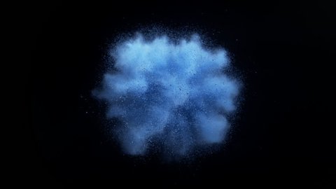 Blue powder/particles fly after being exploded against black background. Shot with high speed camera, phantom flex 4K. 4K 30fps. Slow Motion.