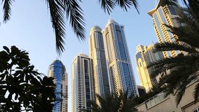 Pan shot of modern buildings at marina, Dubai, United Arab Emirates