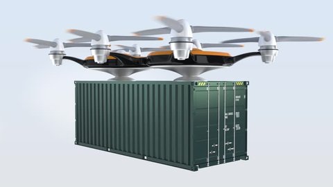 Heavy drones delivering cargo containers.