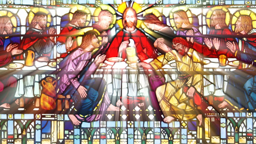 Sun shining through a stained glass roof  with the The last supper (Seamless Loop)
