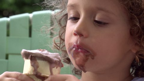 Young Girl Eating Chocolate Ice Cream, Close up