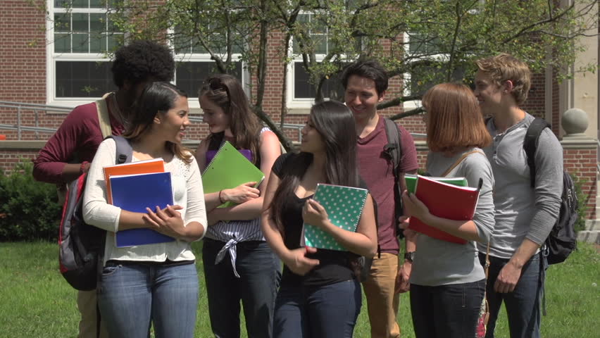 A mid-shot of a group of racially-diverse students, standing under a tree, chatting, before turning to smile to the camera.
