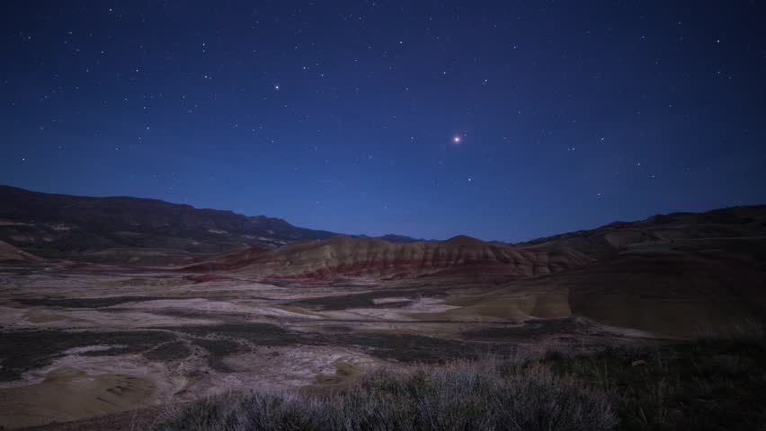 Time lapse dolly shot of the night sky at Painted Hills in Oregon.