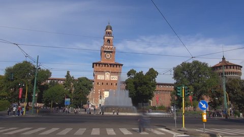 MILAN - ITALY, SEPTEMBER 15, 2013, Timelapse of Sforza castle with traffic street in sunny day 