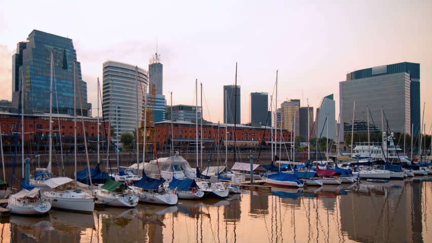Buenos Aires cityscape, as seen from Puerto Madero harbor. Photo time-lapse from sunset to night (1080p, Can. 7D).