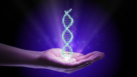 Concept animation of an anonymous Caucasian male's hand holding holographic image of a DNA strand