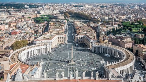 Timelapse View at St. Peter's square from dome of St. Peter Basilica in Rome in Italy