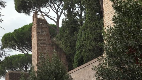 ROME - OCT. 2014:  Section of the Aurelian Walls that still encircle old rome; built under Emperor Aurelian in late 2nd Century AD, still remarkedly intact, here near Porta San Paolo.