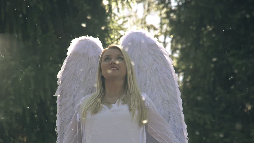 White Angel. Blonde girl in a white dress with angel wings backlit sunlight. In the air, floating fluff. Motion at a rate of 240 fps