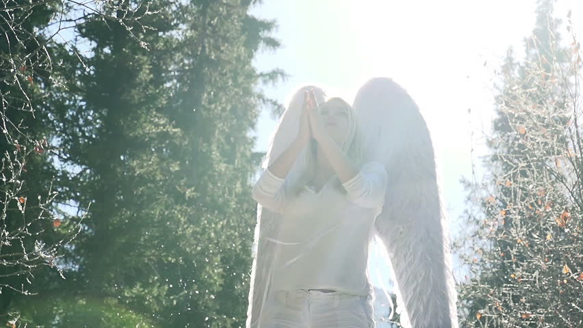 Pleas White Angel. Blonde girl in a white dress with angel wings backlit sunlight. In the air, floating fluff. Motion at a rate of 240 fps