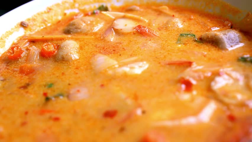 Thai soup, Shrimp And Mixed Vegetable in orange Spicy tamarind and spice Soup. HD. 1920x1080