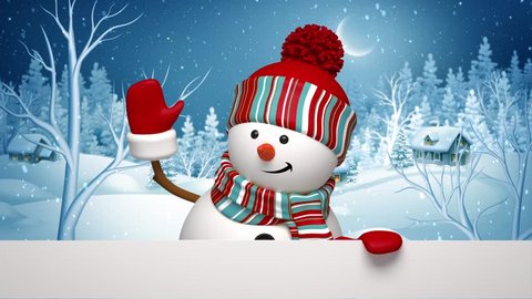 snowman waving hand, winter landscape, silent night, Christmas greeting card template, Holiday background, animated 3d cartoon character, alpha channel