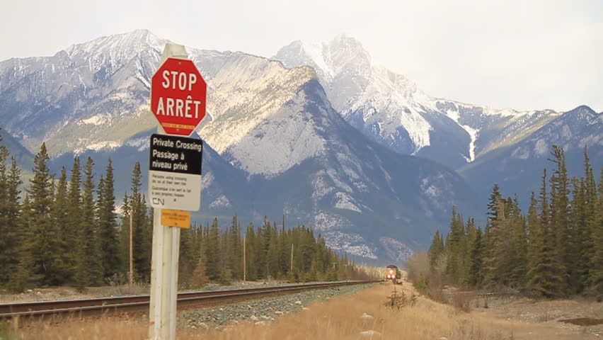 time-lapse of passenger train through jasper park