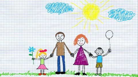 Child draws family and home using color pencils. Animated Drawing On The Exercise Book Sheet.

