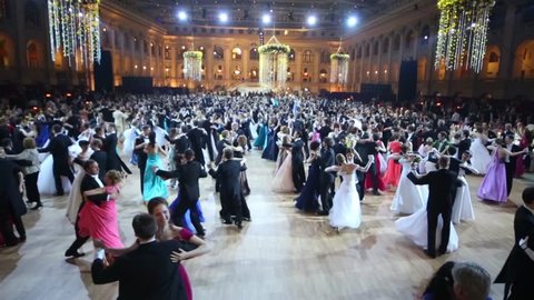 MOSCOW, RUSSIA - MAY 25, 2013: Above view of waltzing people at 11th Viennese Ball in Gostiny Dvor