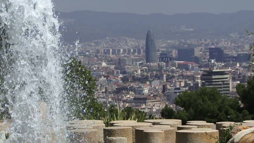 View of Barcelona with fountain in foreground