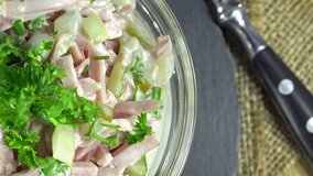 Homemade Meat Salad (rotating seamless loopable 4K UHD footage)