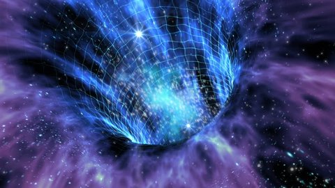 Loop animation with wormhole interstellar travel through a blue force field on a grid with galaxies and stars, for space-time continuum backgrounds