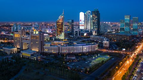 ASTANA - CIRCA SEPTEMBER 2014: Central Asia, Kazakhstan, Astana, elevated night view over the city center and central business district- Time lapse