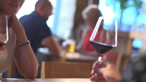 Stock video footage restaurant girls clink glasses red wine