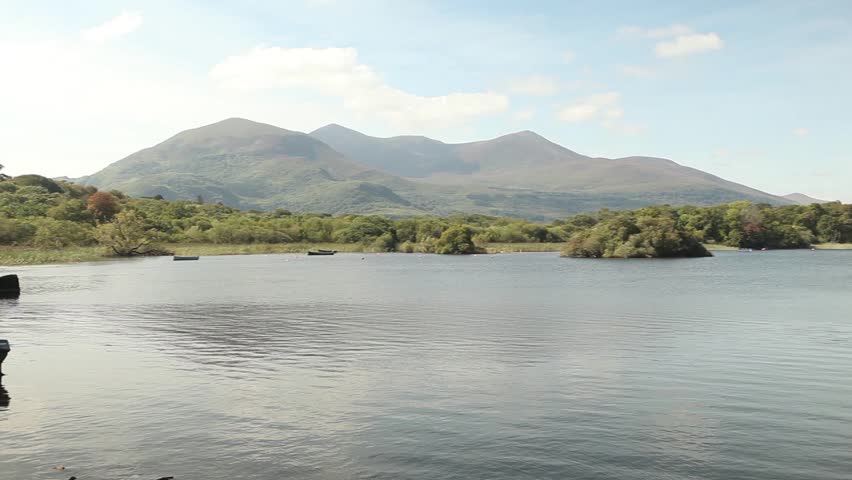 Pan across beautiful calm lake on sunny vacations summer day