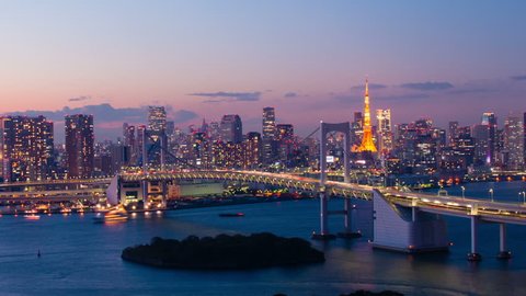 Tokyo Bay at Rainbow Bridge night view time lapse