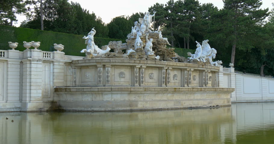 Neptune Fountain in Schonbrunn Palace gardens in Vienna, Austria. Building of the pool began in 1776 and the fountain was completed four years later.